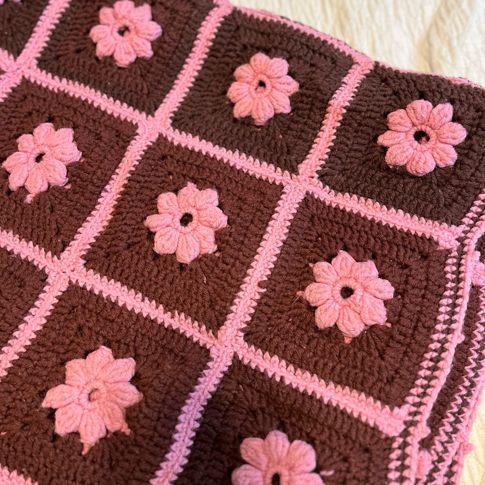 Handmade Crochet Blanket - Brown and Pink Floral - Picture 2 of 5